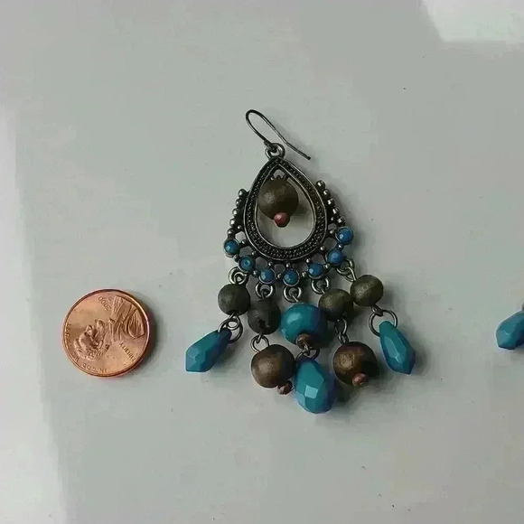 Vintage beads drop earrings  chandelier style blue/ brown beads  brass tone - Picture 12 of 12